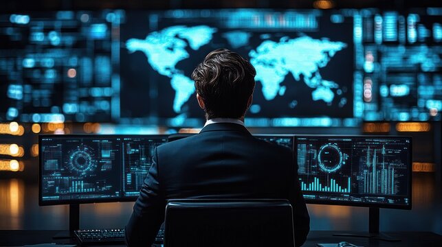 Man in suit analyzing multiple digital data screens and global map in a dark high-tech control room with blue glowing interfaces