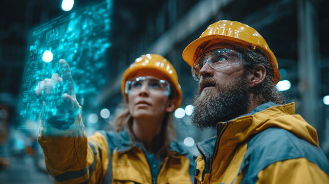 Two engineers in hard hats interacting with a holographic interface.