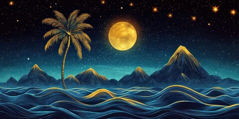 Obraz premium Surreal night scene with glowing golden palm tree standing next to flowing blue waves under bright full moon and star-filled sky with mountain silhouettes