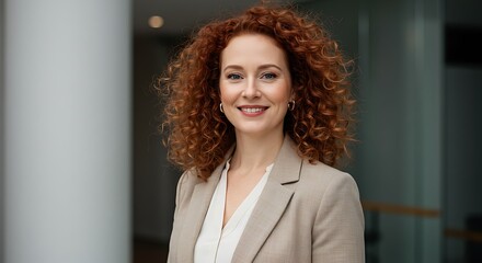 Smiling businesswoman with curly red hair in a professional setting