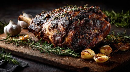 Succulent Herb-Crusted Roasted Meat with Garlic and Rosemary on Rustic Wooden Board.
