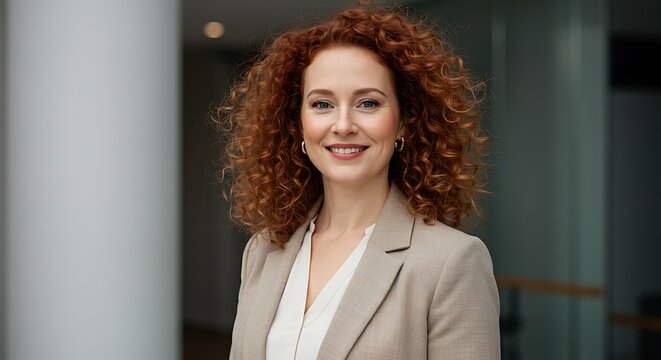 Smiling businesswoman with curly red hair in a professional setting