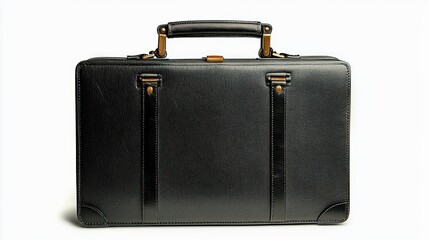 close-up of a black leather briefcase with a sturdy handle and gold-tone metal accents on a white background