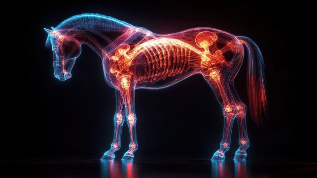 Glowing neon outline of a horse showing detailed internal skeleton structure with vibrant blue and red hues on a black background