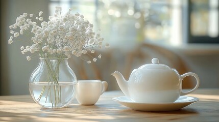 Fototapeta premium White porcelain teapot with matching cup and a clear glass vase holding delicate white baby's breath flowers on a wooden table with soft natural light creating a peaceful and cozy atmosphere