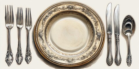 ornate vintage silverware set with three forks arranged left of a detailed floral patterned plate and two knives and a spoon on the right