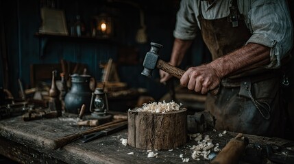 A craftsman works with a hammer and wood in a dark workshop.