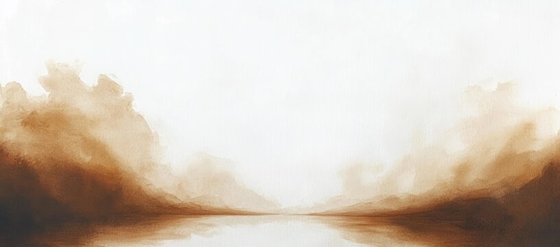 Serene abstract landscape painting with misty brown and beige tones reflecting on calm water under a soft, bright sky