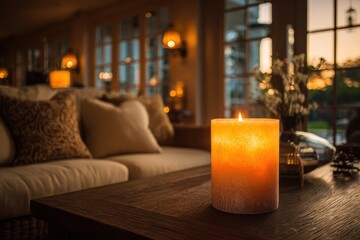 Serene Evening Ambiance - A Glowing Candle Illuminates a Cozy, Soft-Focus Living Room.