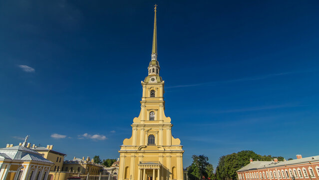 Peter and Paul Fortress timelapse hyperlapse. Petropavlovskaya Krepost. Citadel of St. Petersburg, Russia