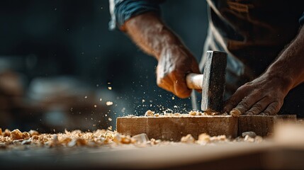 A craftsman's hands meticulously work with a hammer on wooden planks.