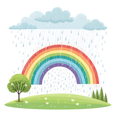 Rainbow After the Rain: Colorful Arc over Green Hill Landscape Illustration on transparent background