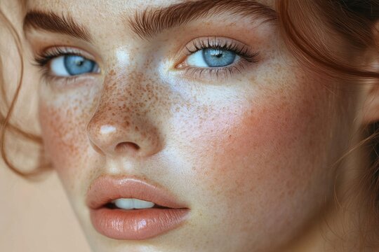 Close-up portrait of a young woman with blue eyes, natural freckles, soft pink lips, and light skin, showing subtle emotion and gentle natural beauty - Powered by Adobe