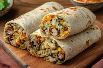 Three grilled burritos filled with rice, corn, beans, chicken, cheese, and vegetables on a wooden cutting board showcasing a hearty and appetizing meal