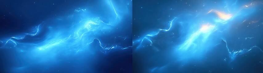 Obraz premium Bright glowing blue nebula with swirling light patterns and small stars scattered across a dark cosmic background, evoking a sense of mystery and vastness