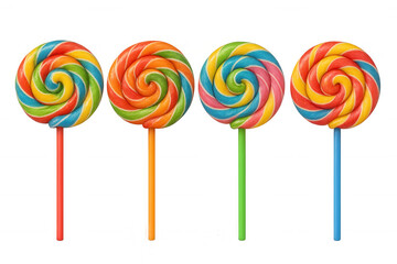 Multicolored lollipops with spiraling candy stripes in vivid red, orange, yellow, green, blue, pink, purple against transparent surface