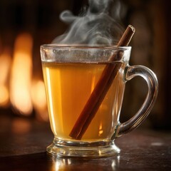 Hearthside Comfort - A Steaming Glass of Spiced Cider with Cinnamon by a Glowing Fireplace.