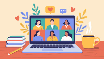 An engaging virtual meeting snapshot that illustrates a collective of diverse individuals sharing ideas, demonstrating the power of communication and collaboration in modern society.