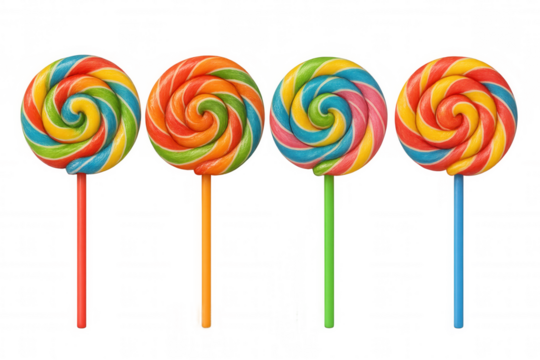Multicolored lollipops with spiraling candy stripes in vivid red, orange, yellow, green, blue, pink, purple against transparent surface