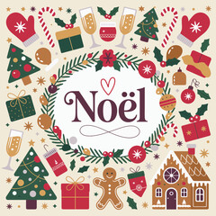 This colorful holiday-inspired artwork features cheerful illustrations of Christmas trees, ornaments, gifts, and festive drinks, embodying joy and celebration.