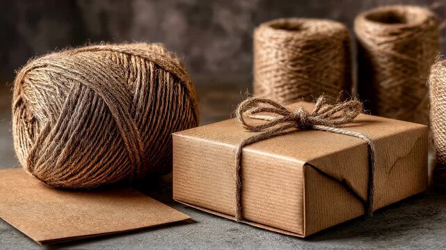 Recyclable cardboard mailers displayed with natural fiber twine sharp focus on the packaging details contrasted against a gently outoffocus backdrop.