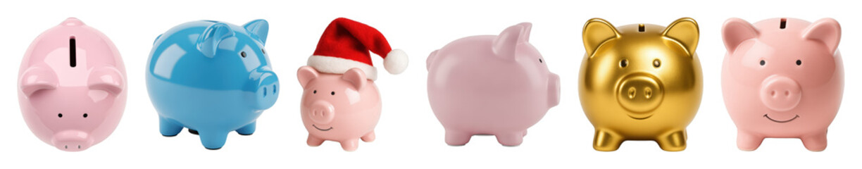 Piggy bank set including pink, blue, gold, and Santa hat versions isolated. Financial planning and savings collection.