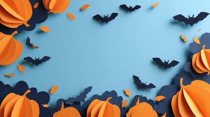 Whimsical halloween paper craft border with pumpkins bats and falling leaves on a light blue background