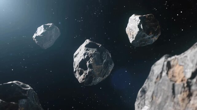 Multiple rocky asteroids drift through the vast, dark expanse of space with distant stars, illuminated by a celestial light source. Ideal for science, astronomy, and cosmic exploration themes.