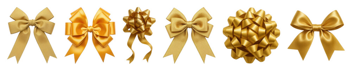 Golden gift bow set including satin, grosgrain, star, and classic tied designs isolated. Festive decoration and packaging elements.