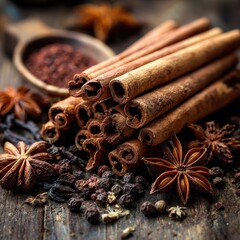 Warm, Rustic Still Life of Aromatic Cinnamon, Star Anise, and Spices on Wood.