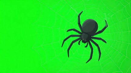Obraz premium A detailed illustration of a black spider with long legs positioned on a vibrant green background with subtle spiderweb details