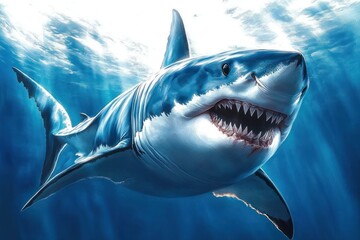 Close-up of a great white shark swimming underwater with its mouth open showing sharp teeth in a deep blue ocean environment