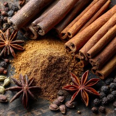 Aromatic Tapestry of Cinnamon, Star Anise, and Warm Spices on a Textured Surface.