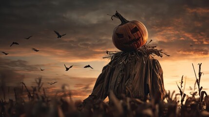 Spooky jack o lantern scarecrow stands guard in a harvest field under a dramatic sunset sky with crows