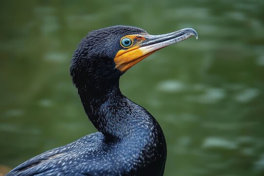close-up of a black cormorant bird with bright yellow and orange facial markings and piercing blue eye against a blurred green water background