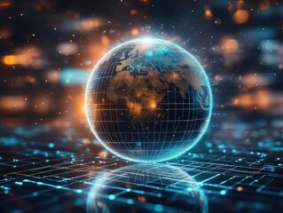 Digital glowing 3d globe with illuminated continents and grid lines floating above a futuristic holographic surface featuring bright orange and blue light particles