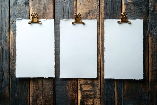 Three blank sheets of torn white paper clipped with gold bulldog clips on a dark rustic wooden background