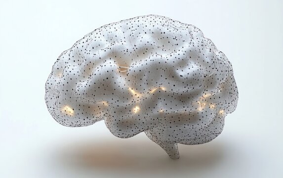 3D representation of a human brain with intricate interconnected black nodes and lines overlay, glowing light spots indicating neural activity, on white background