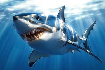 Close-up of a great white shark swimming underwater with sunlight filtering through the ocean surface creating a dramatic and intense scene