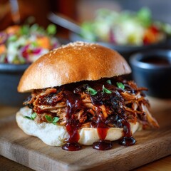 Irresistible Pulled Pork Sandwich Overflowing with Glossy BBQ Sauce on a Rustic Board.