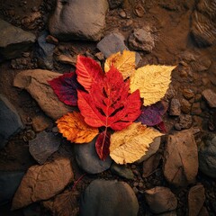 Vibrant Autumn Leaf Mandala Artfully Arranged on a Bed of Dark, Wet River Stones.