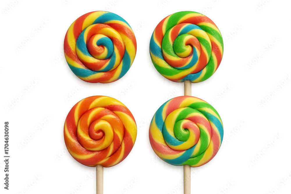 Poster four colorful swirl lollipops isolated on a transparent background, creating a sweet and vibrant vis
