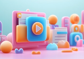 colorful 3d digital interface elements with play button and text blocks floating on pastel pink surface with soft lighting