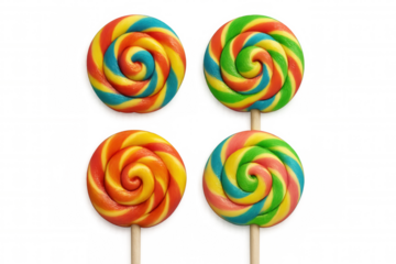 Four colorful swirl lollipops isolated on a transparent background, creating a sweet and vibrant visual