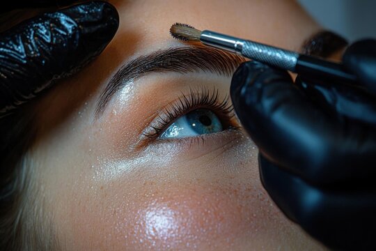 Close-up of a person receiving precise eyebrow grooming with a small brush by a gloved hand, highlighting detailed skin texture and blue eye