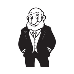 Old man with formal suit black and white vector illustration for classic portrait artwork design