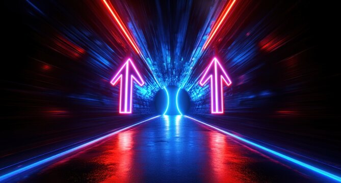 Futuristic glowing tunnel with neon pink upward arrows and blue circular portal emitting vibrant light beams, creating a dynamic and energetic atmosphere