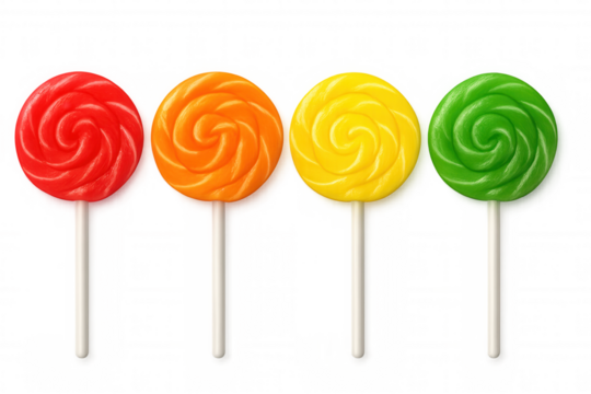 Four vibrant lollipops on sticks, with swirling colors of red, orange, yellow, and green, stand out against a transparent background, offering a sugary treat