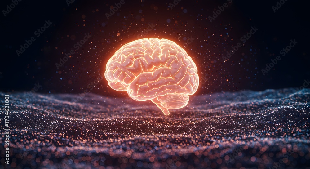Poster abstract visualization of a luminous human brain hovering in a digital space, representing intellige