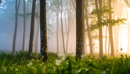 Misty forest sunrise